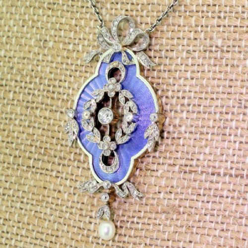 Edwardian Guilloché Enamel, Diamond & Pearl Pendant, Circa 1910
