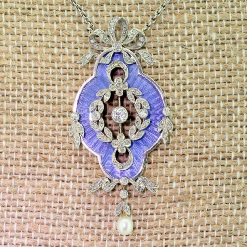 fig 1. Edwardian Guilloché Enamel, Diamond & Pearl Pendant, circa 1910

