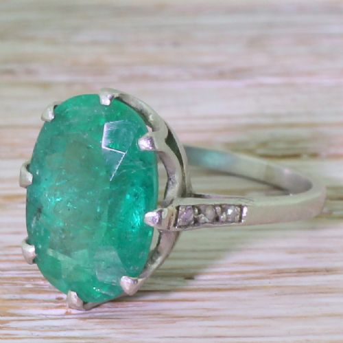 Art Deco 5.20 Carat Oval Cut Emerald Solitaire Ring, Circa 1935
