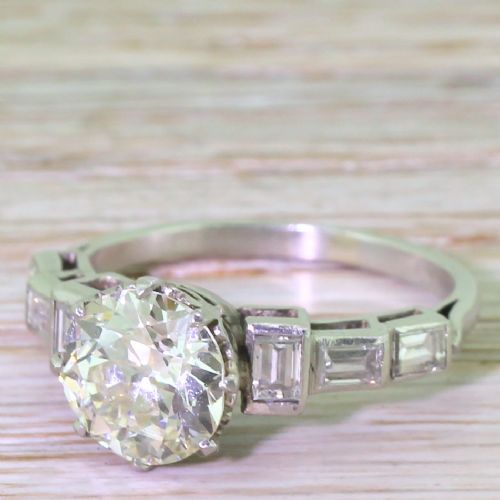 Art Deco 2.49 Carat Old Cut & Baguette Cut Diamond Engagement Ring, Circa 1925
