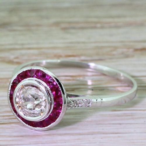 0.35 Carat Old Cut Diamond & Calibre Cut Ruby Target Ring, 18k White Gold
