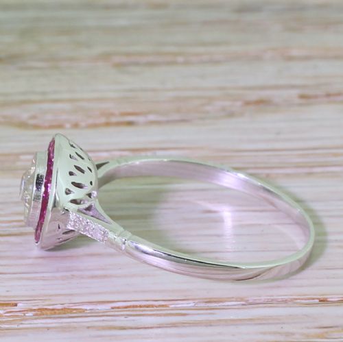fig 1. 0.35 Carat Old Cut Diamond & Calibre Cut Ruby Target Ring, 18k White Gold

