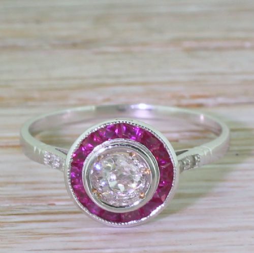 fig 2. 0.35 Carat Old Cut Diamond & Calibre Cut Ruby Target Ring, 18k White Gold
