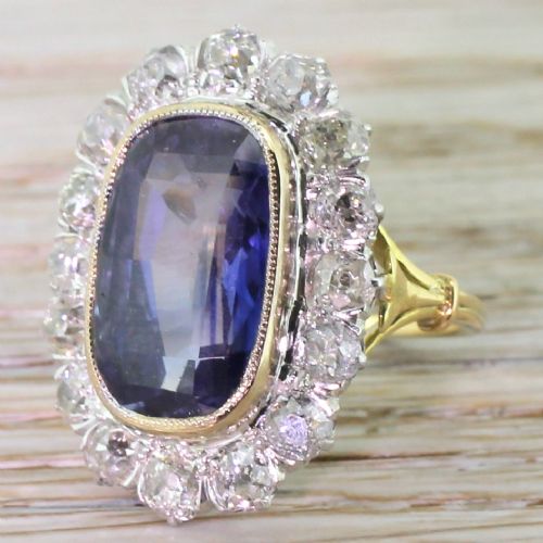 Edwardian 6.90 Carat Natural Ceylon Sapphire & Old Cut Diamond Ring, Circa 1910
