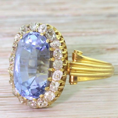 Art Deco 9.06 Carat Natural Madagascan Sapphire & Old Cut Diamond Ring, Circa 1930
