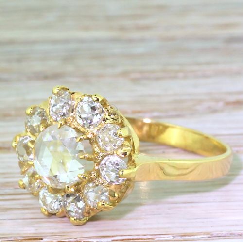 Victorian 2.50 Carat Rose Cut & Old Cut Diamond Cluster Ring, Circa 1900

