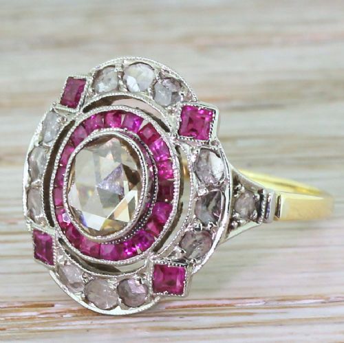 Edwardian Rose Cut Diamond & Step Cut Ruby Cluster Ring, Circa 1910

