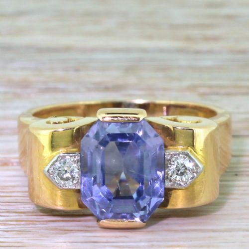fig 1. Retro 4.50 Carat Natural Emerald Cut Natural Sapphire Ring, circa 1945
