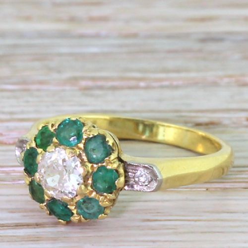 Mid Century 0.30 Carat Old Cut Diamond & Emerald Target Cluster Ring, Circa 1950

