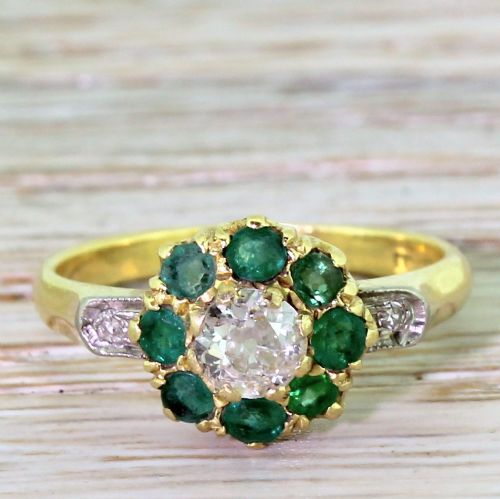 fig 1. Mid Century 0.30 Carat Old Cut Diamond & Emerald Target Cluster Ring, circa 1950