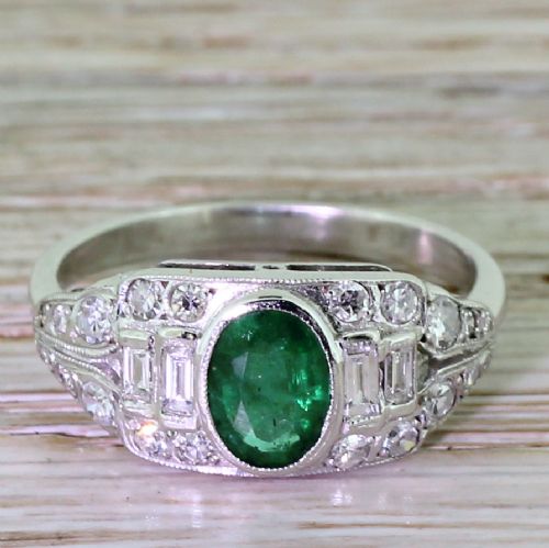 fig 1. Art Deco 0.65 Carat Oval Cut Emerald & Diamond Ring, circa 1940