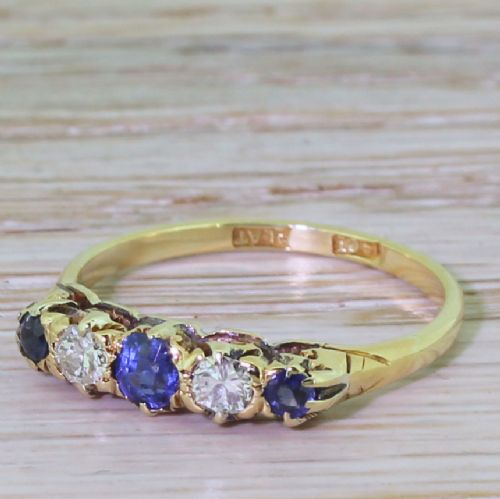 Mid Century Sapphire & Diamond Five Stone Ring, Circa 1950

