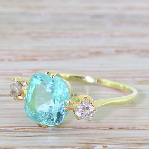 Victorian 2.90 Carat Paraiba Tourmaline & Old Cut Diamond Trilogy Ring, 18k Gold
