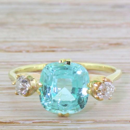 fig 1. Victorian 2.90 Carat Paraiba Tourmaline & Old Cut Diamond Trilogy Ring, 18k Gold