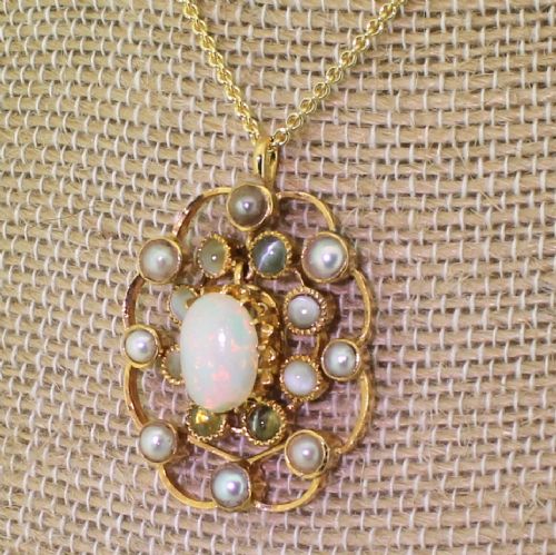 Art Deco Opal, Natural Pearl & Cat’s Eye Pendant, Circa 1930
