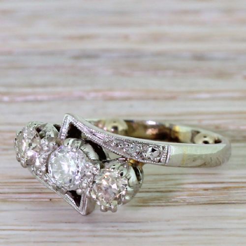Art Deco 0.70 Carat Old Cut Diamond Three Stone Crossover Ring, Circa 1940
