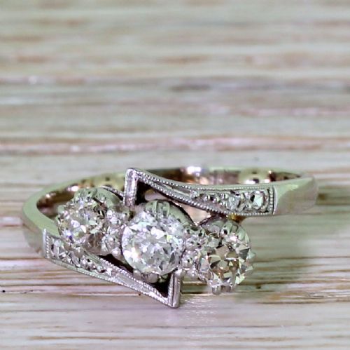 fig 1. Art Deco 0.70 Carat Old Cut Diamond Three Stone Crossover Ring, circa 1940
