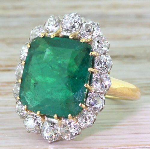 Art Deco 5.08 Carat Colombian Emerald & Old Cut Diamond Cluster Ring, Circa 1935
