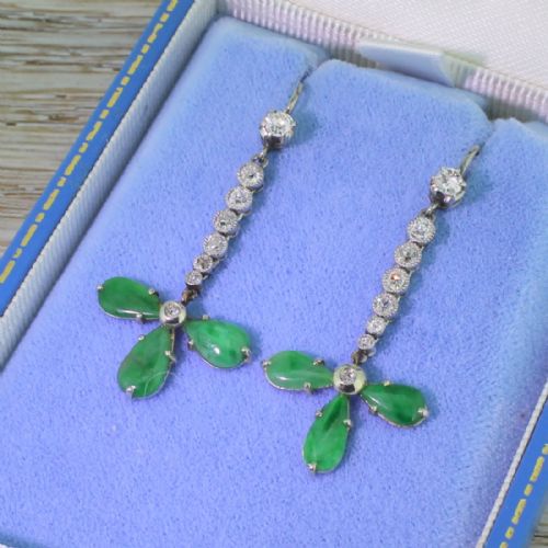 Retro Jade & 0.88 Carat Old Cut Diamond Drop Earrings, 1950
