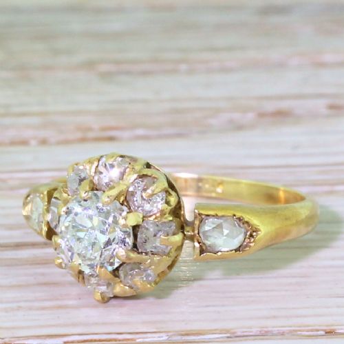 Victorian 1.00 Carat Old Cut Diamond Target Cluster Ring, Circa 1900
