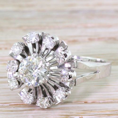 Retro 1.25 Carat Old European Cut Diamond “Sunburst” Ring, French, 1950
