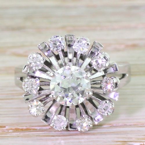 fig 1. Retro 1.25 Carat Old European Cut Diamond “Sunburst” Ring, French, 1950
