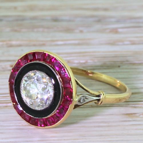 Art Deco 1.06 Carat Old Cut Diamond, Black Enamel & Ruby Target Ring, Circa 1915
