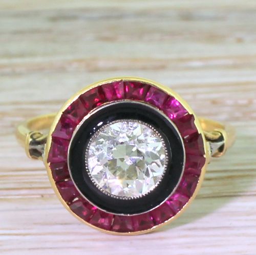 fig 1. Art Deco 1.06 Carat Old Cut Diamond, Black Enamel & Ruby Target Ring, circa 1915