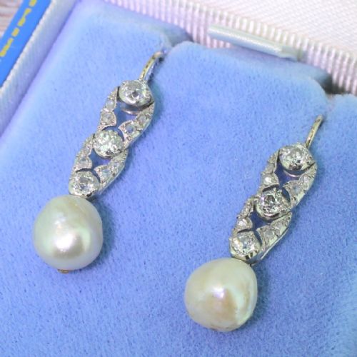 Art Deco Natural Pearl & Old Cut Diamond Earrings, Circa 1920
