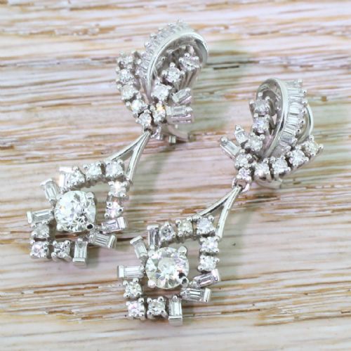 Retro 3.00 Carat Old Cut & Baguette Cut Diamond Drop Earrings, Circa 1950
