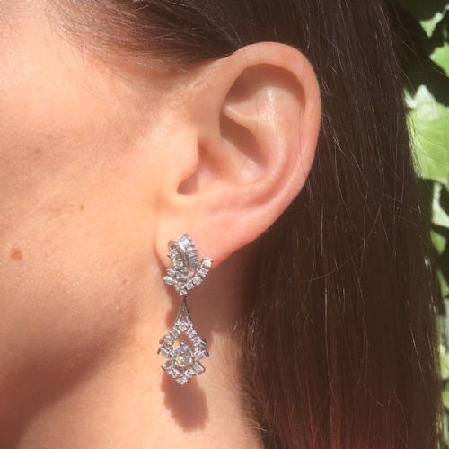fig 1. Retro 3.00 Carat Old Cut & Baguette Cut Diamond Drop Earrings, circa 1950
