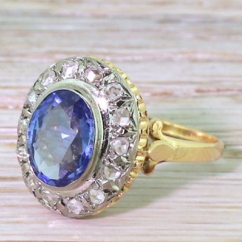 Art Deco 2.70 Carat Natural Ceylon Sapphire & Rose Cut Diamond Ring, Circa 1935
