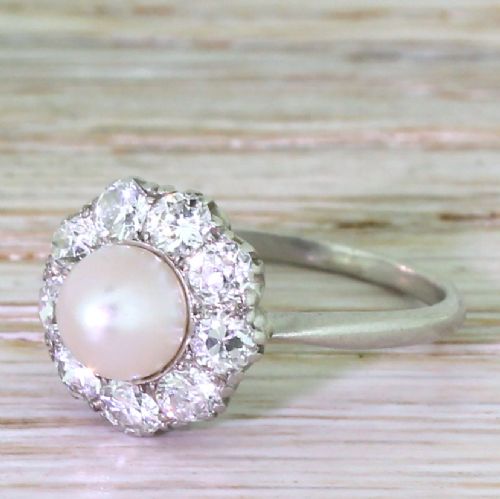 Art Deco Natural Pearl & 1.40 Carat Old Cut Diamond Cluster Ring, Circa 1920
