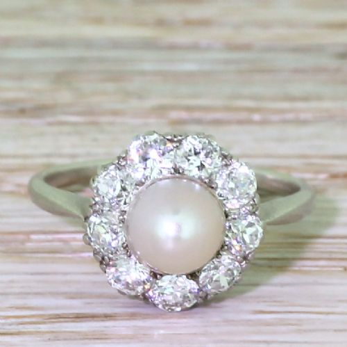 fig 1. Art Deco Natural Pearl & 1.40 Carat Old Cut Diamond Cluster Ring, circa 1920
