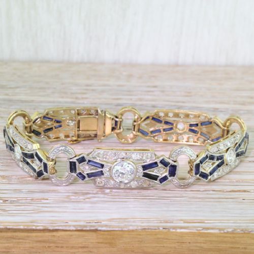 Art Deco Old Cut Diamond & Baguette Cut Sapphire Bracelet, Boxed, Circa 1915
