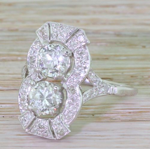 Art Deco 2.00 Carat Old Cut Diamond Two Stone Cluster Ring, Circa 1915
