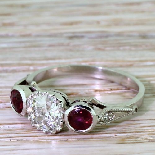 Art Deco 0.75 Carat Old Cut & Ruby Trilogy Ring, Circa 1915
