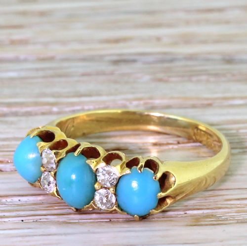 Victorian Turquoise & Old Cut Diamond Three Stone Ring, Circa 1900
