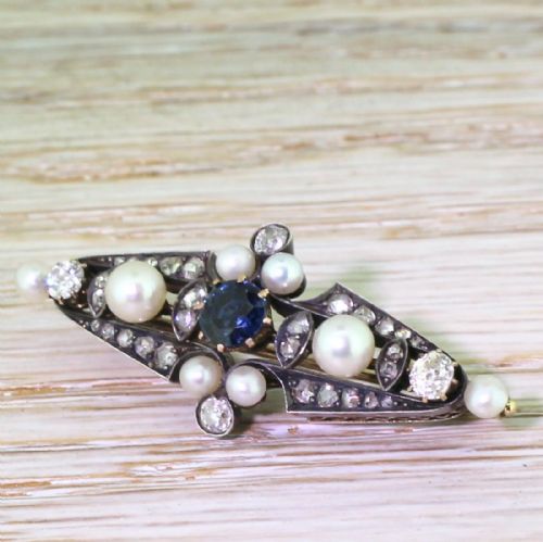 Victorian Sapphire, Diamond & Pearl Brooch, Circa 1900

