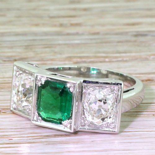 Retro 1.50 Carat Emerald & 2.50 Carat Old Cut Diamond Trilogy Ring, French, Circa 1950
