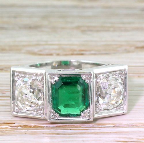 fig 1. Retro 1.50 Carat Emerald & 2.50 Carat Old Cut Diamond Trilogy Ring, French, circa 1950
