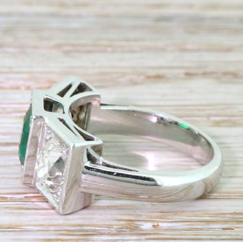 fig 2. Retro 1.50 Carat Emerald & 2.50 Carat Old Cut Diamond Trilogy Ring, French, circa 1950
