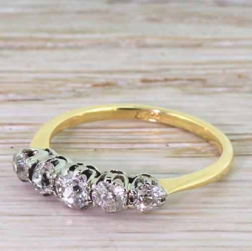 Art Deco 0.80 Carat Old Cut Diamond Five Stone Ring, Circa 1940
