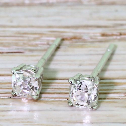 0.47 Carat Old Cut Diamond Stud Earrings, 18k White Gold
