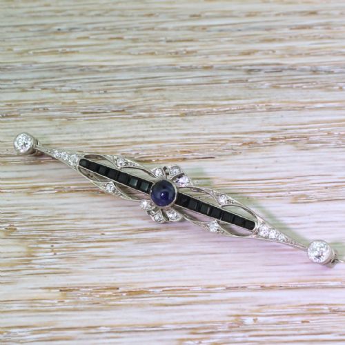 Art Deco Sapphire & Old Cut Diamond Bar Brooch, Circa 1935
