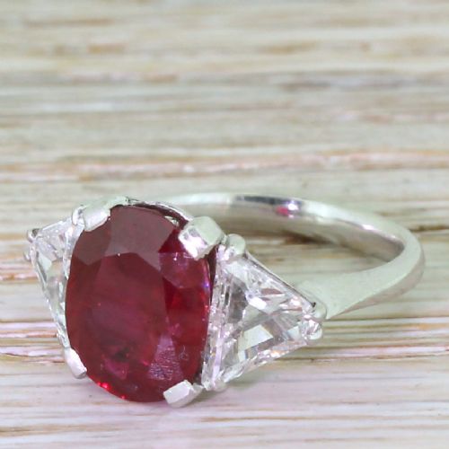 Mid Century 3.60 Carat Natural Ruby & Triangle Cut Diamond Ring, Circa 1950