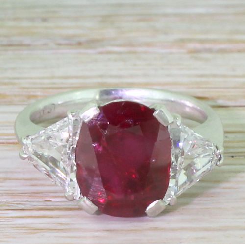 fig 1. Mid Century 3.60 Carat Natural Ruby & Triangle Cut Diamond Ring, circa 1950