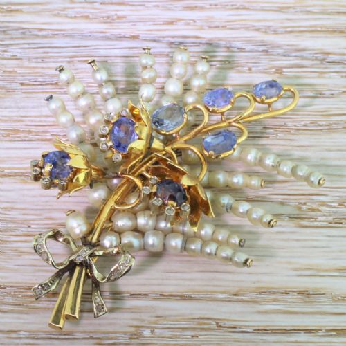 Art Deco Natural Pearl, Natural Sapphire & Rose Cut Diamond Foliate Brooch, Circa 1930
