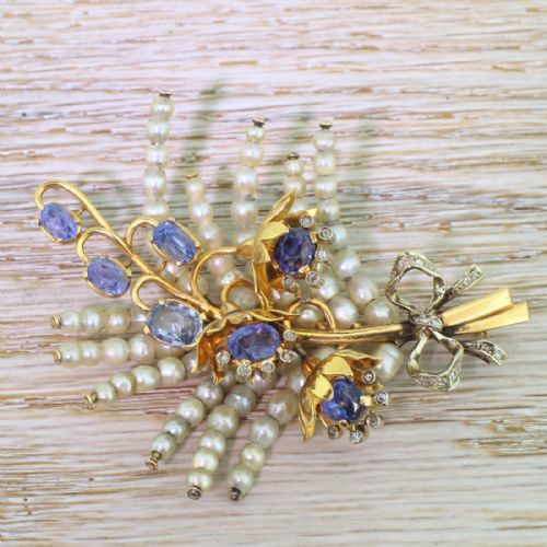 fig 1. Art Deco Natural Pearl, Natural Sapphire & Rose Cut Diamond Foliate Brooch, circa 1930
