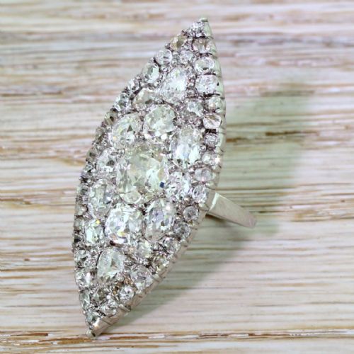 Art Deco 6.85 Carat Old Cut Diamond Navette Cluster Ring, Circa 1925
